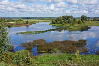 Teza Nehri 'ndeki Shuya' da yaz panoramik doğa manzarası.