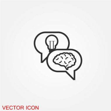 Beyaz arka plan, vektör, illüstrasyon izole insan beyin ve ampul düz simgesi olan konuşma balonları