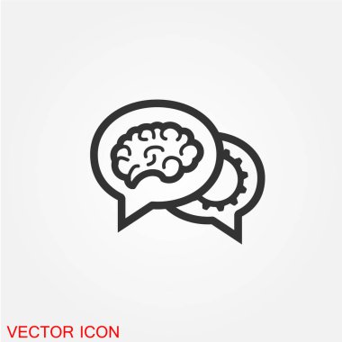 Beyaz arka plan, vektör, illüstrasyon izole insan beyin ve vites düz simgesi olan konuşma balonları