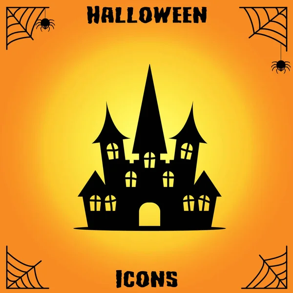 Château Halloween Icône Plate Sur Fond Jaune Vecteur Illustration — Image vectorielle
