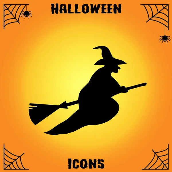 Halloween Sorcière Sur Balai Icône Plate Sur Fond Jaune Vecteur — Image vectorielle