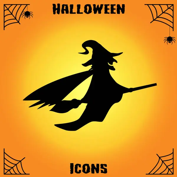 Halloween Sorcière Sur Balai Icône Plate Sur Fond Jaune Vecteur — Image vectorielle