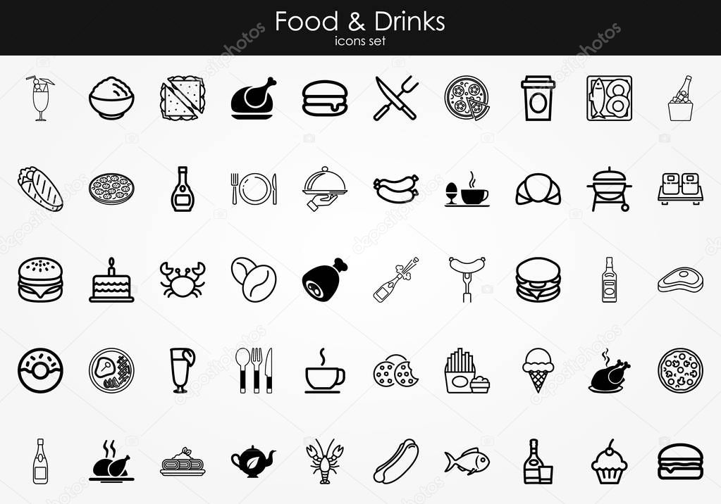 Food and drink icon, Coffee and hamburger signs. Cocktail and cupcake symbols.