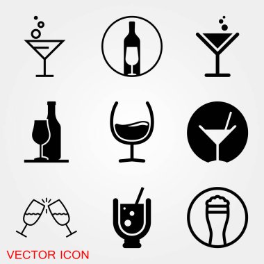 Bar ikonu. Bar içkilerinin ikonaları. Siyah bar içki ikonları. Bar menüleri için eğlenceli ve kolay resimleme.