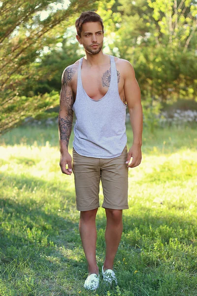 Trendy Young Man Wearing Tank Top Outdoor — Stock Photo, Image