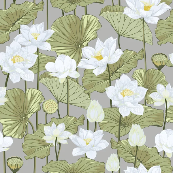 Seamless White Lotus Flowers Buds Green Leaves Retro Background Fabric — Stock Vector