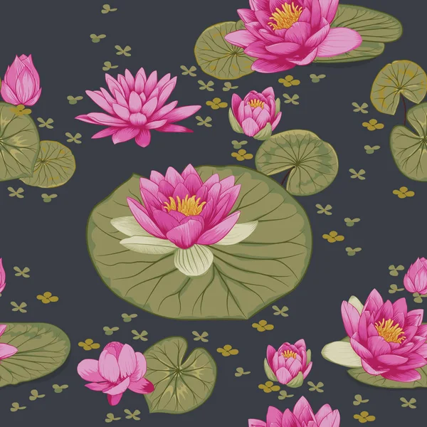 Απρόσκοπτη Ροζ Νερό Lilly Lotus Λουλούδια Πράσινα Φύλλα Στο Μοτίβο — Διανυσματικό Αρχείο