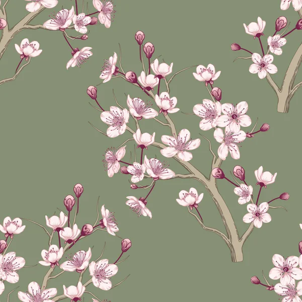 Tekstil Kumaş Desenli Kusursuz Japon Kiraz Çiçekleri Buds Deseni — Stok Vektör