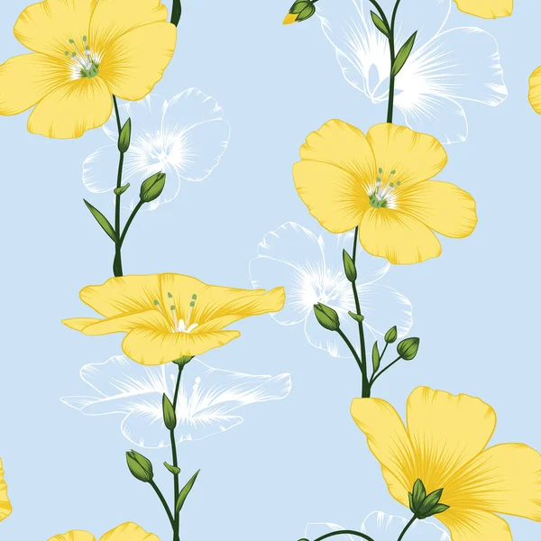 Απρόσκοπτη Κίτρινο Λουλούδι Flax Και Πράσινο Μπουμπούκια Λευκό Λουλούδι Flax — Διανυσματικό Αρχείο