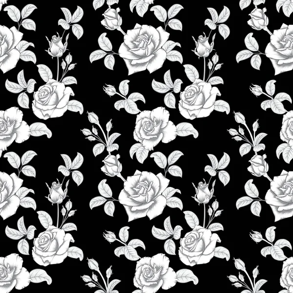 Naadloze Witte Roos Roos Knoppen Zwarte Achtergrond Patroon Voor Textiel — Stockvector