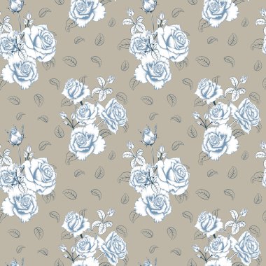 Açık Mavi Gül ve Gül Buds ile Açık Mavi Yapraklar ve Tekstil ve Kumaş Ürünleri için Koyu Bej Arkaplan, Duvar kağıtları, Kapaklar ve daha fazlası