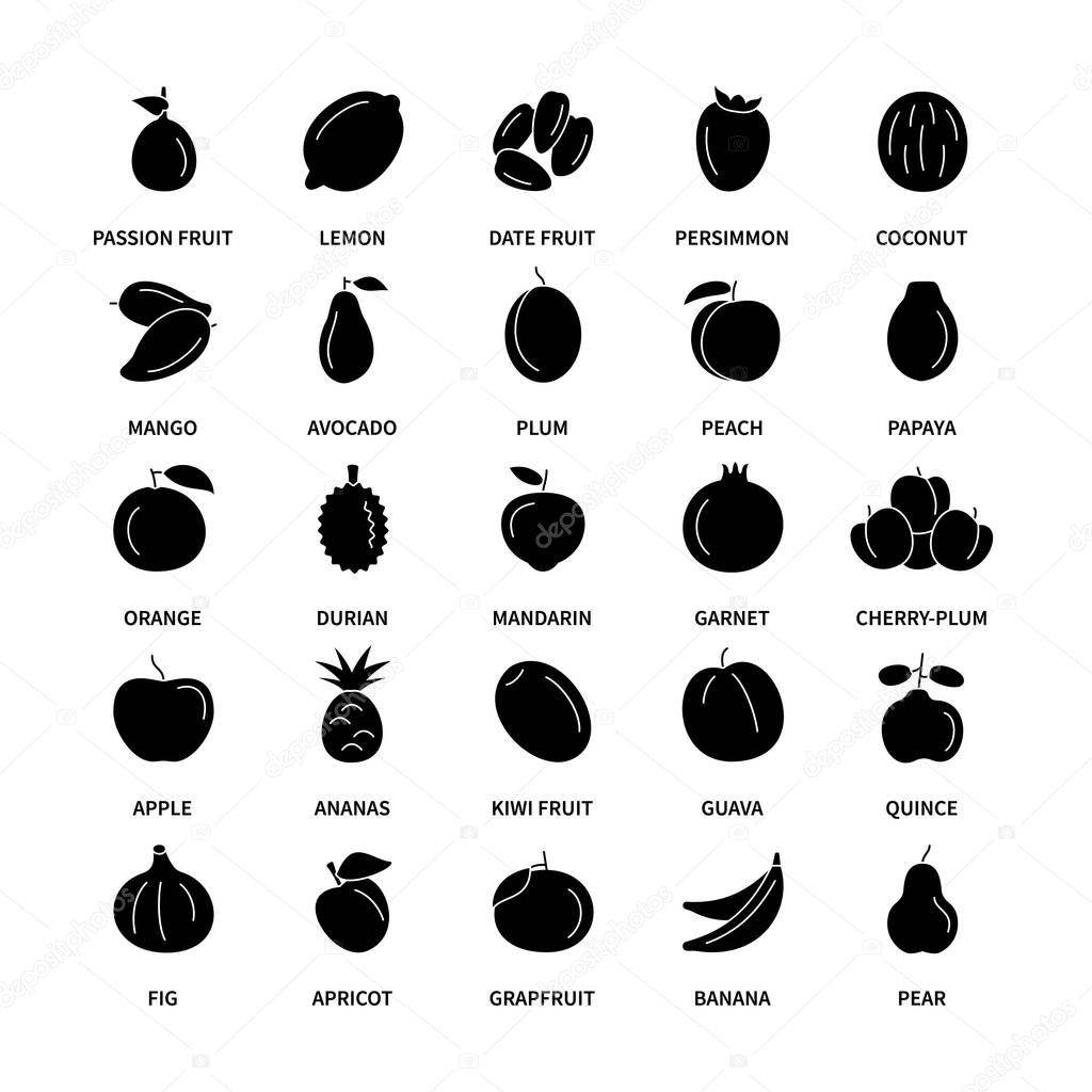 Fruit vegan silhouette vector icons set. Vegetables icon collection, commerce supply search investor, fresh healthy food design elements vegetable food analysis vector. Set of vector characters.