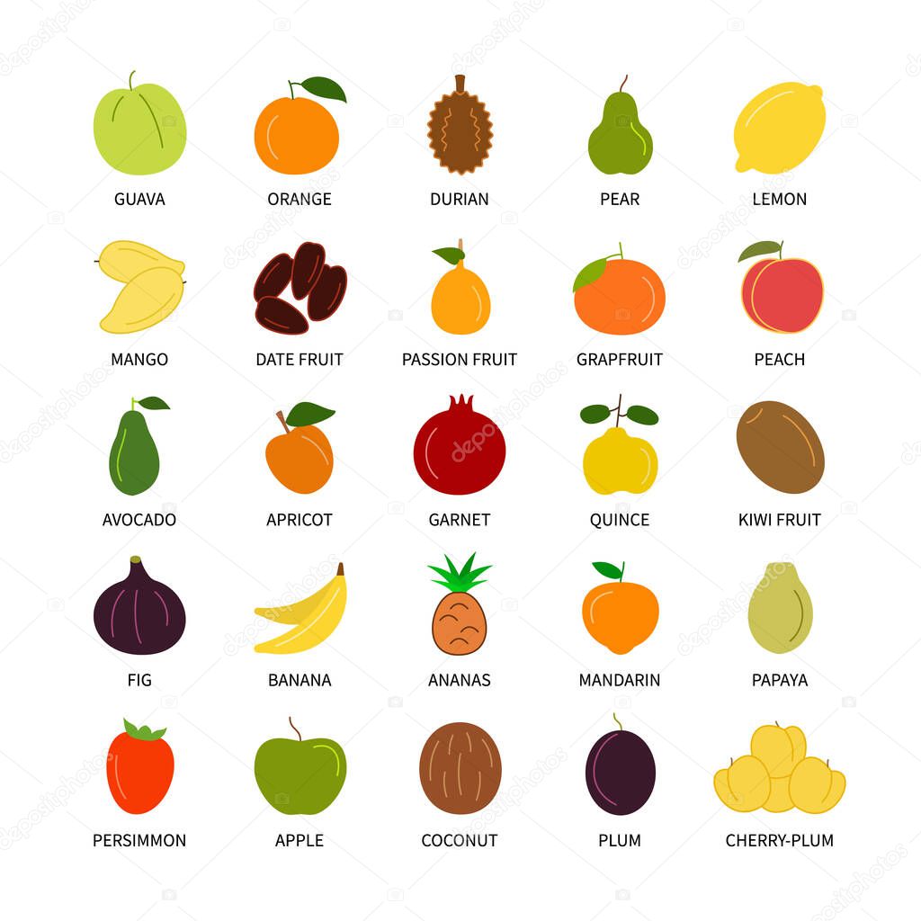 Fruits natural organic outline vector icons set. Vegan, business, analysis , design elements, logotype, fresh healthy food and more. Isolated collection of fruits for websites and telephones.