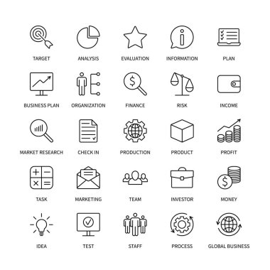  İş hattı simgeleri organizasyon para ticaret analizi banka temas sosyal medya teknolojisi lojistik arama fikri gelir pazarlama zaman ekibi yatırımcı vektör sembolleri ayarlandı
