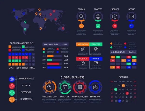 Infografik Diagramm Analyse Armaturenbrett Daten Info Diagramm Weltkarte Hud Benutzeroberfläche — Stockvektor