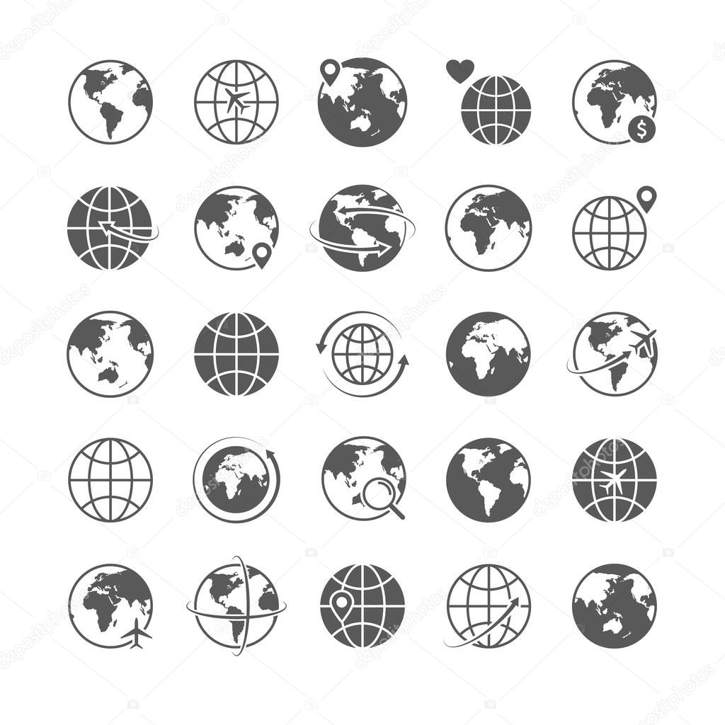 Globe icons set world earth globe map silhouette icons internet global commerce marketing line icons tourism vector symbols set