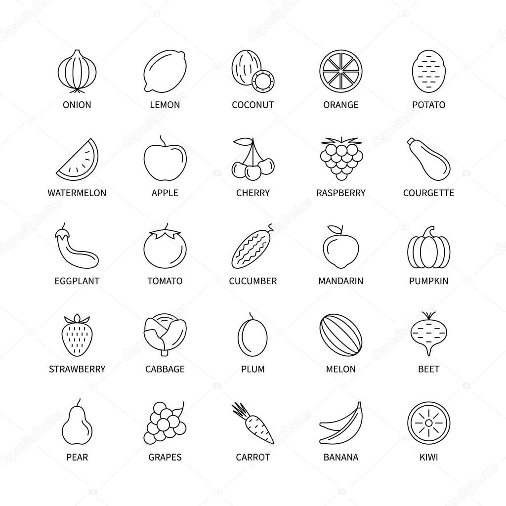 Vegetables fruits vegan linear icons analysis vector set design elements fruit vegetable   fresh healthy food vector symbols set