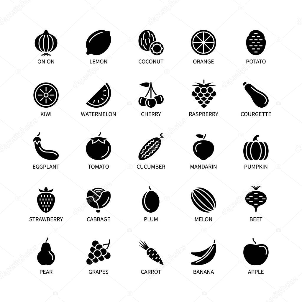 Vegan silhouettes icons bio ecology organic logos and badges vegetables fruits analysis design elements fruit vegetable   fresh healthy food vector symbols set