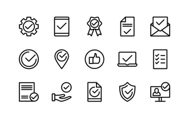 Kararlar doğrusal simge işaretlerini onayladı. Kontratın onayı. Kabul edilen anlaşmaların listesi, kalite notu, belge akreditasyon logosu. İzole vektör ana hatları çizim sembolü seti.
