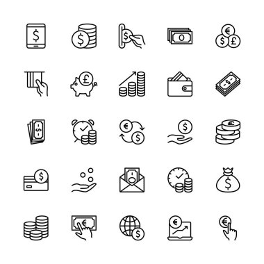 Para birimi vektör simgeleri ayarlandı. Döviz kuru ve para birimi tahmini, değişim çizelgesi, ödeme, iş, nakit ve daha fazlası gibi ikonlar içerir. Web siteleri için izole para koleksiyonu.