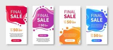 Dinamik modern sıvı soyut mobil arkaplan satış afişleri için. Son satış, web tasarımı afişleri, iş analizleri, şablon özel teklif seti. Vektör illüstrasyonu ve karakter seti.