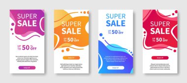 Büyük satış afişleri için modern soyut dinamik sıvı mobil arkaplan. Düzenlenebilir metin tasarım şablonunda% 50 'ye kadar indirimli süper satış ve pankart indirimi. Vektör çizimleri kümesi.