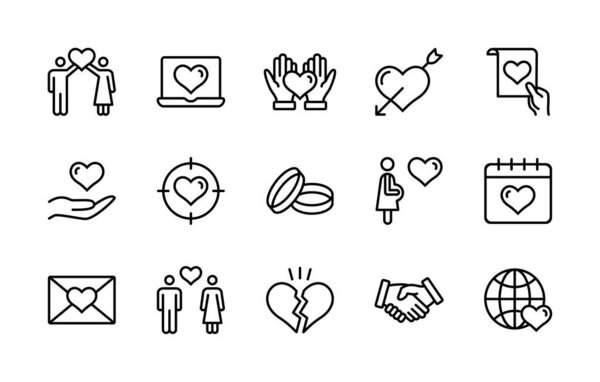 Love heart wedding ring hand couple proposal romantic vector linear icons set. Simple set love contains icons romantic letter happy couple broken heart friendship handshake gift and much more.