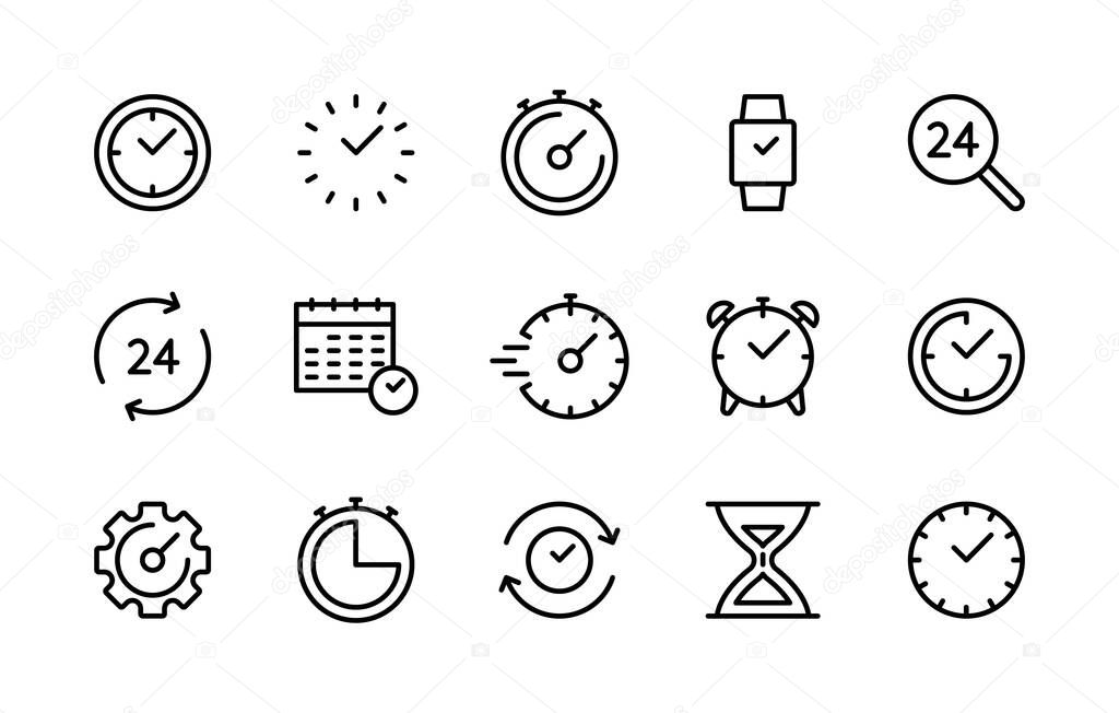 Time and clock linear icons vector symbol set. Collection of time, clocks, timer, control, speed, alarm clock, calendar. Simple outline vector icons for websites and mobile phones white background.