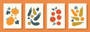 Vektör illüstrasyonu, sebzelerin pastel renklerdeki soyut yaşamı. Çağdaş sanat koleksiyonu. Sosyal medya için sebze, kabak patlıcan, domates, sebze ilikleri, posterler..