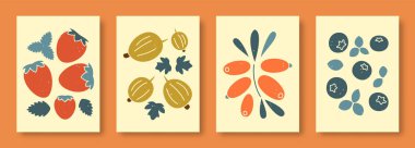 Pastel renkli vektör illüstrasyonunda soyut yaşam. Çağdaş sanat koleksiyonu. Çilek, çilek, böğürtlen, sosyal medya için yabanmersini, posterler, kartpostallar..