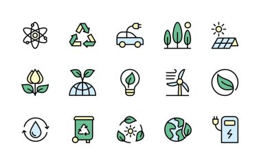 Ekoloji ve alternatif enerji kaynakları minimum düzeyde. Ekolojinin renk sembolleri. Basit vektör doğrusal simgeleri kümesi. Enerji ikonu koleksiyonu. Web siteleri için izole edilmiş görünüm çizimleri.