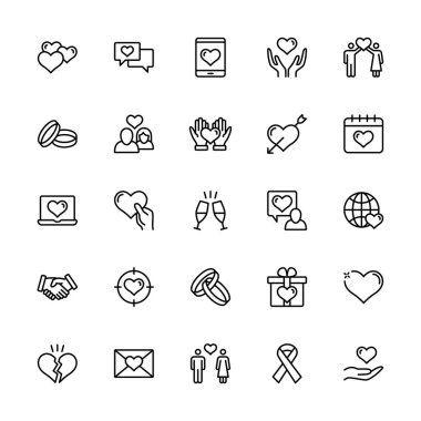 Basit set romantik vektör doğrusal simgeleri. Aşk ve kalp, evlilik yüzüğü, romantik mektup, mutlu çift, arkadaşlık, hediye ve daha fazlası. Beyaz arkaplanda web siteleri simgesi için izole aşk koleksiyonu.