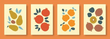 Taşıyıcı illüstrasyon, pastel renklerde meyvelerin soyut yaşamı. Çağdaş sanat koleksiyonu. Sosyal medya, posterler, kartpostallar için meyve avokado, garnet, quince, kivi..