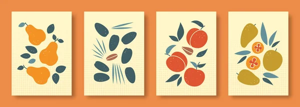 Taşıyıcı illüstrasyon, pastel renklerde meyvelerin soyut yaşamı. Çağdaş sanat koleksiyonu. Sosyal medya, posterler, kartpostallar için meyve şeftali rengi mango seti..
