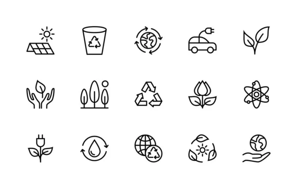 Milieuvriendelijke Alternatieve Energiebronnen Vector Lineaire Pictogrammen Ingesteld Lineaire Ecologie Iconen — Stockvector