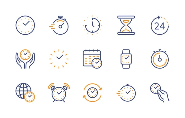 Hora Reloj Conjunto Iconos Lineales Color Vectorial Temporizador Alarma Reloj — Vector de stock