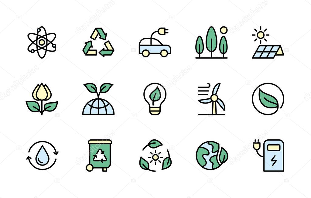 Ecology and alternative energy sources in minimal style. Color symbols of ecology. Simple set of vector linear icons.  Energy icon collection. Isolated contour illustrations for websites.