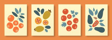 Vektör illüstrasyonu soyut, pastel renklerde yaşam. Çağdaş sanat koleksiyonu. Böğürtlen külü, feijoa, viburum, sosyal medya için odun, posterler, kartpostallar..