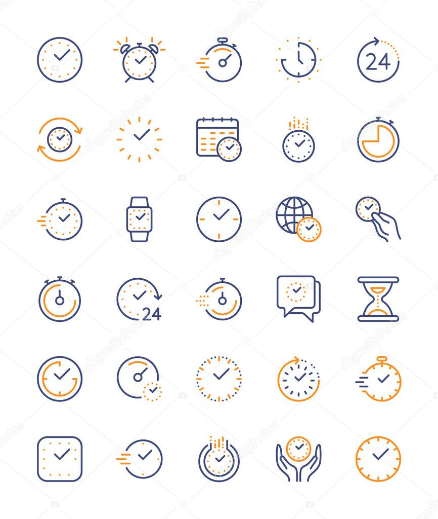 Time and clock, vector color linear icons set. Timer, speed, alarm, management, calendar, watch symbols and more for web and mobile phone on white background. Editable stroke. Vector illustration