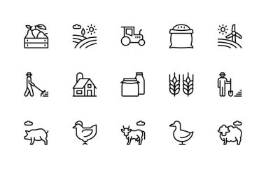 Tarım bağlantılı vektör doğrusal simgeleri ayarlandı. Tarla, ekme, gübre, çiftlik hayvanları, traktör, çiftlik, yiyecek ve daha fazlası gibi izole ikon koleksiyonu. Tarımla ilgili izole ikon koleksiyonu.