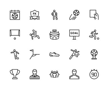 Futbolla ilgili vektör doğrusal simgeleri ayarlandı. Yargıç, kart, çizme, gol, hakem, köşe, stadyum, kupa ve daha fazlası gibi ikonlar içeriyor. Beyaz arkaplanda izole futbol ikonları koleksiyonu.