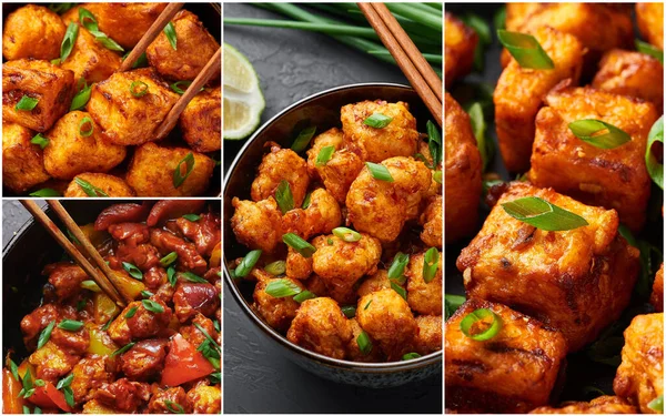 Food collage. Indian chinese cuisine dishes set. Paneer Manchurian, Gobi Manchurian, Chicken Manchurian. Indian Food. Deep fried Dishes Photo Collage