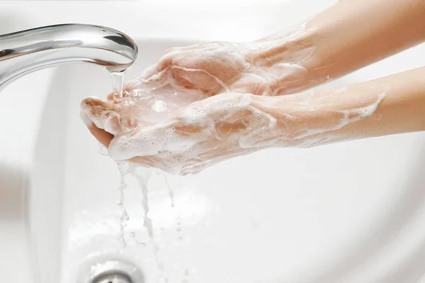 Hand Washing White Sink Water Flows Faucet Soapy Female Hands — Stock Photo, Image