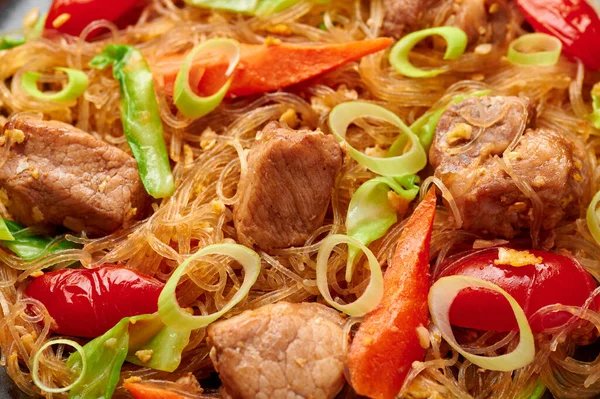 Pad Woon Sen Thai Pork Glass Noodle Stir Fry Close — Stock Photo, Image