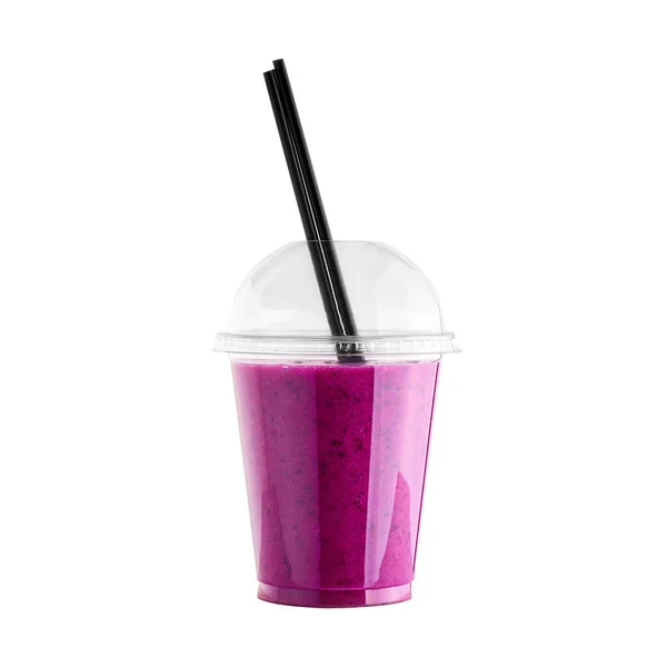 Rosa Drake Frukt Pitaya Smoothie Plastmugg Med Halm Isolerad Vit — Stockfoto