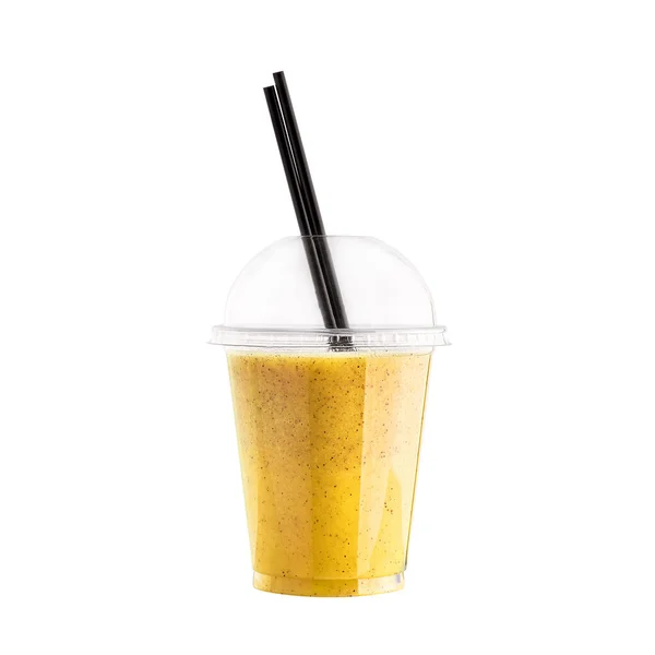 Gul Banan Smoothie Plastmugg Med Halm Isolerad Vit Bakgrund Bär — Stockfoto