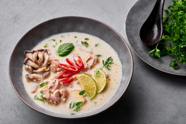 Tom Kha Gai ya da Tayland Hindistancevizi Tavuk Çorbası, arka planda, mat gri kasede. Tom Kha Gai, Hindistan cevizi sütü, tavuk, galangal, limon otu, mantar ve limonlu Tayland mutfağı. Tayland Yemeği