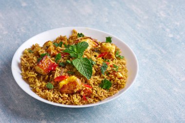 Mavi arka planda vejetaryen paneer biryani. Paneer biryani, paneer, basmati pilavı, masala, chili, naneli geleneksel Hint mutfağı. Uzayı kopyala izole