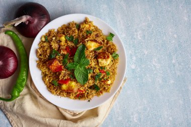 Mavi arka planda vejetaryen paneer biryani. Paneer biryani, paneer, basmati pilavı, masala, chili, naneli geleneksel Hint mutfağı. Boşluğu kopyala