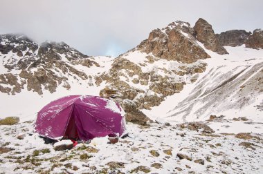 Dağlarda kar altında mor çadır. Dağ kampı konsepti.